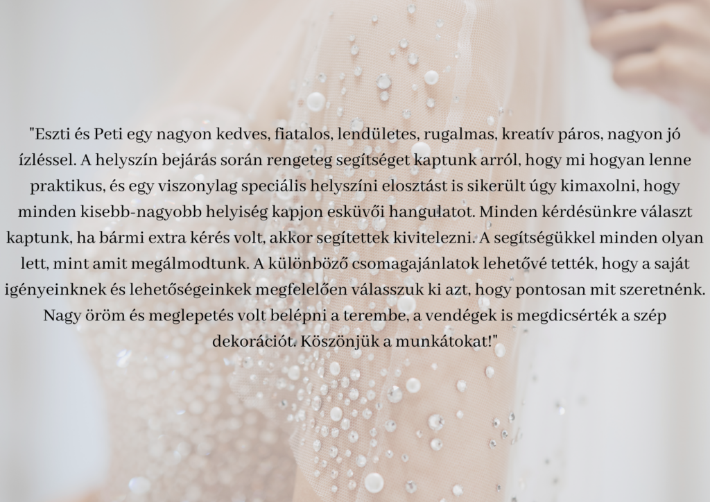 Eszti és Peti egy nagyon kedves, fiatalos, lendületes, rugalmas, kreatív páros, nagyon jó ízléssel. A helyszín bejárás során rengeteg segítséget kaptunk arról, hogy mi hogyan lenne praktikus, és e (1)